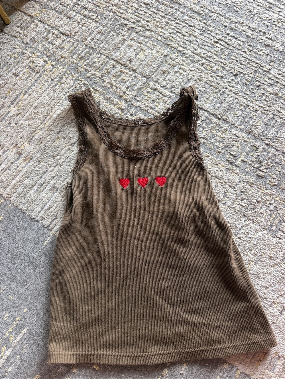 Brandy Melville Brown Lace-Trim Tank Top with Red Heart Accents